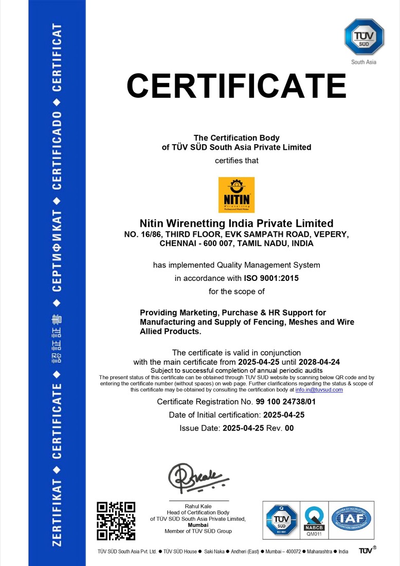 ISO 9001:2015 certificate 99 100 24738/01 for Nitin Wirenetting India Pvt Ltd, Head office, Vepery, Chennai