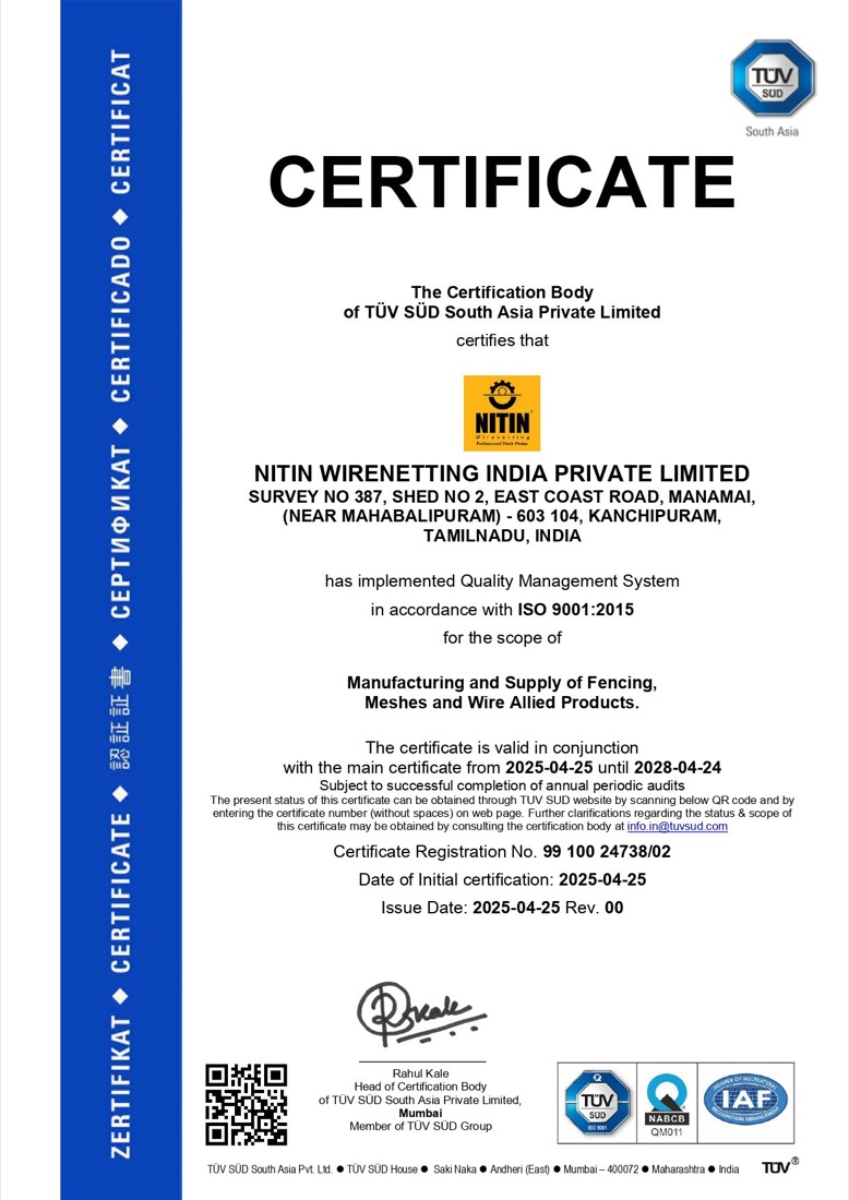 ISO 9001:2015 certificate 99 100 24738/02 for Nitin Wirenetting India Pvt Ltd, Factory, Manamai, East Coast Road