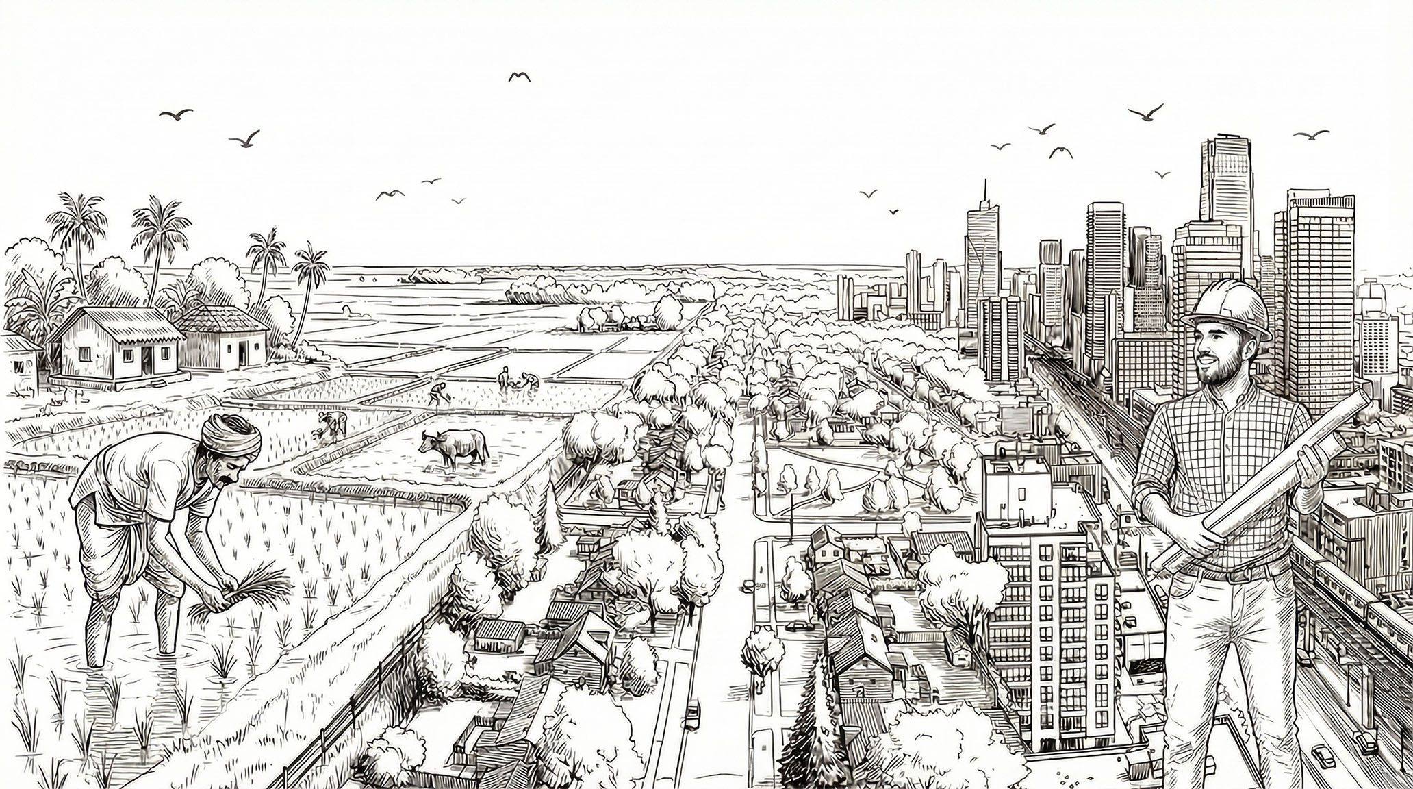 Hand-drawn panorama from farmland and a village, along a tree-lined road, to a city skyline with an engineer in the foreground